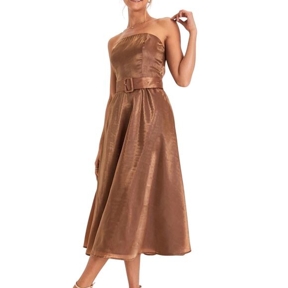 Lulus Dresses & Skirts - Lulu’s NWT Chicly Stunning Shiny Brown Organza Strapless Belted Midi Dress